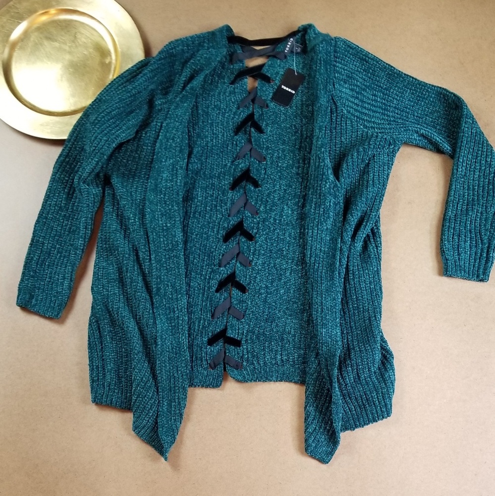Torrid Green Ls Chenille Cardigan With Lace